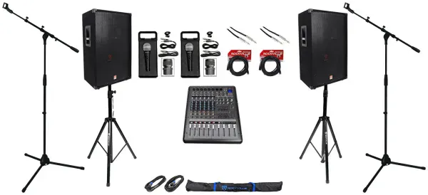 (2) Rockville 15” Speakers+Mixer+Mics+Stands+Cables For Church Sound Systems