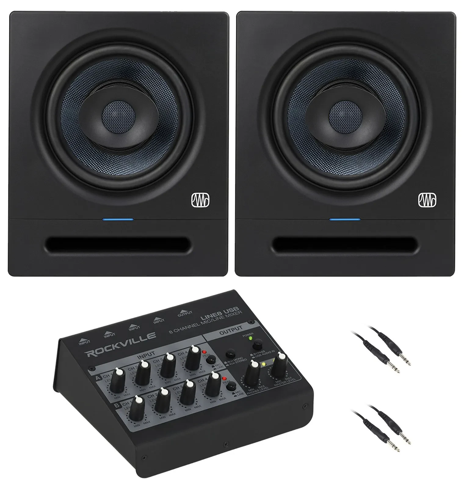 Активный студийный монитор PreSonus Eris Pro 8 8" (набор, пара) + микшер LINE8 USB с аудиоинтерфейсом + кабели RCTR106B
