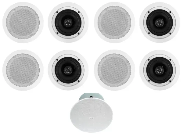 (8) Rockville CC525T 5.25" Commercial 70v White Ceiling Speakers+8" Subwoofer