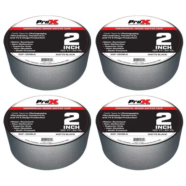 ProX XGF-260BLK 180FT 2" Commercial Grade Pro Audio Stage Black Gaffer Tape 4 Pk