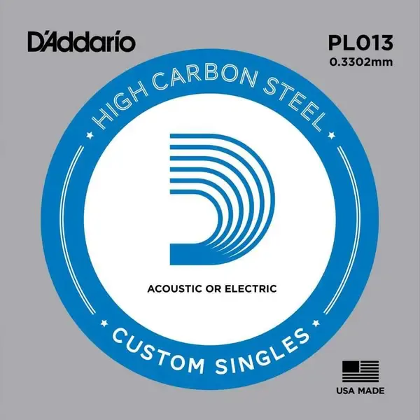 Струна для акустической и электрогитары D'Addario PL013 High Carbon Steel Custom Singles, сталь, калибр 13