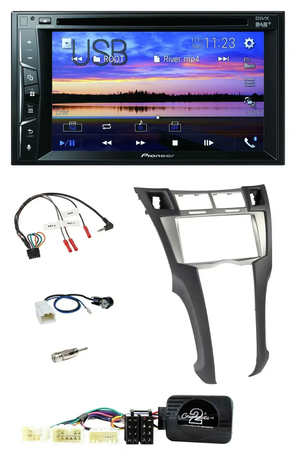 Автомагнитола для Toyota Yaris 2006–2011 Pioneer 2DIN, Bluetooth, USB, DVD, DAB, поддержка кнопок на руле