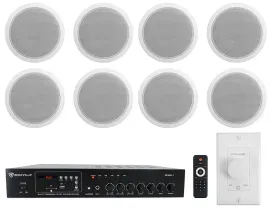 Rockville Commercial Restaurant Amp+(8) 6" White Ceiling Speakers+Wall Control