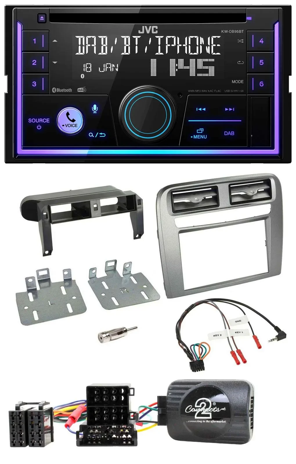 Автомагнитола JVC 2-DIN, DAB, Bluetooth, CD, USB, для Fiat Grande Punto 2005–2006, антрацит