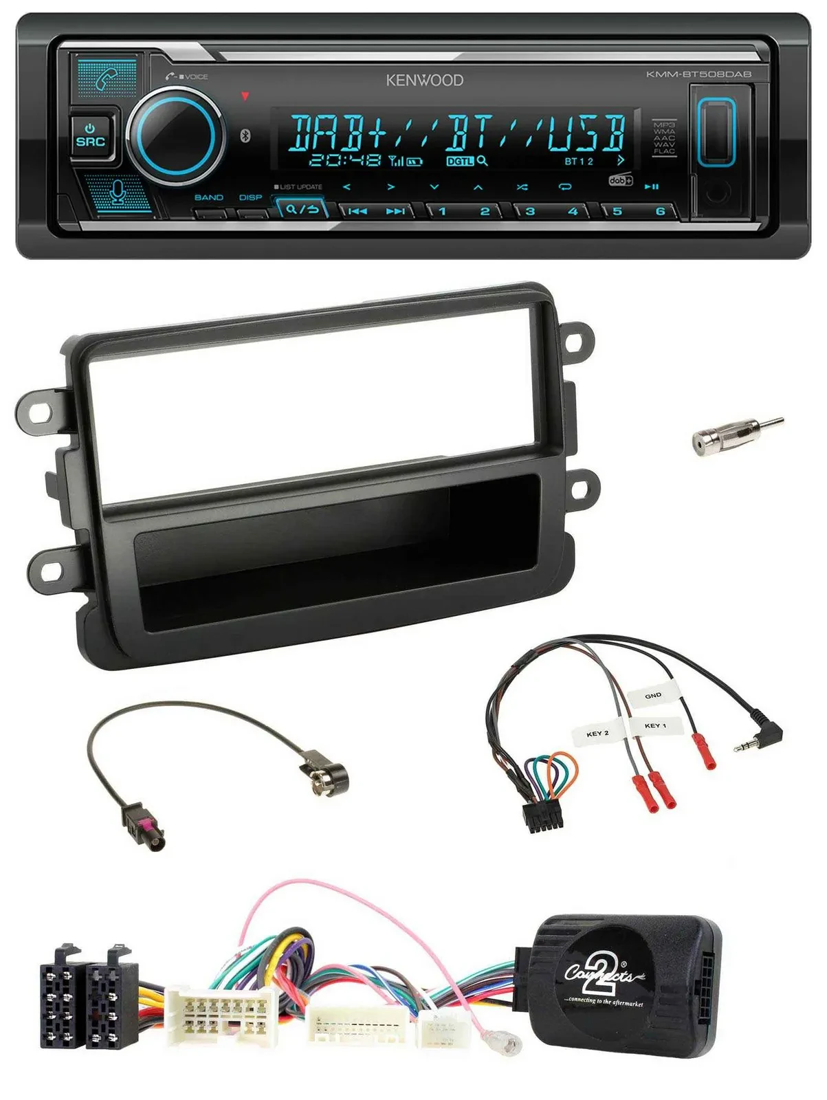 Автомагнитола Kenwood Bluetooth, DAB, USB, поддержка кнопок на руле, для Dacia с 2012, черный