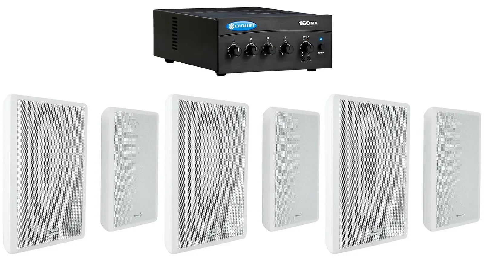 Crown Commercial Amplifier+(6) Slim White Wall Speakers for Restaurant/Bar/Cafe