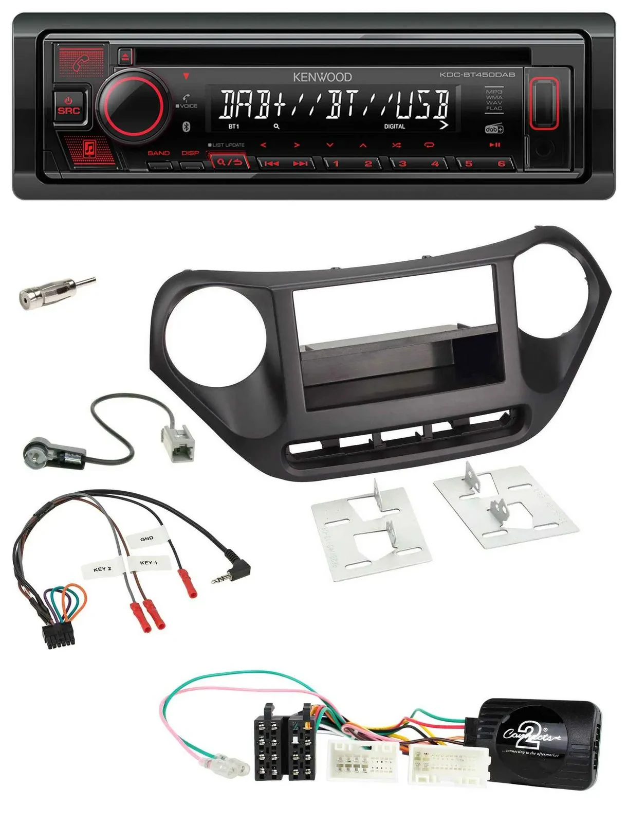 Автомагнитола Kenwood CD, USB, Bluetooth, DAB для Hyundai i10 (с 2014), черный