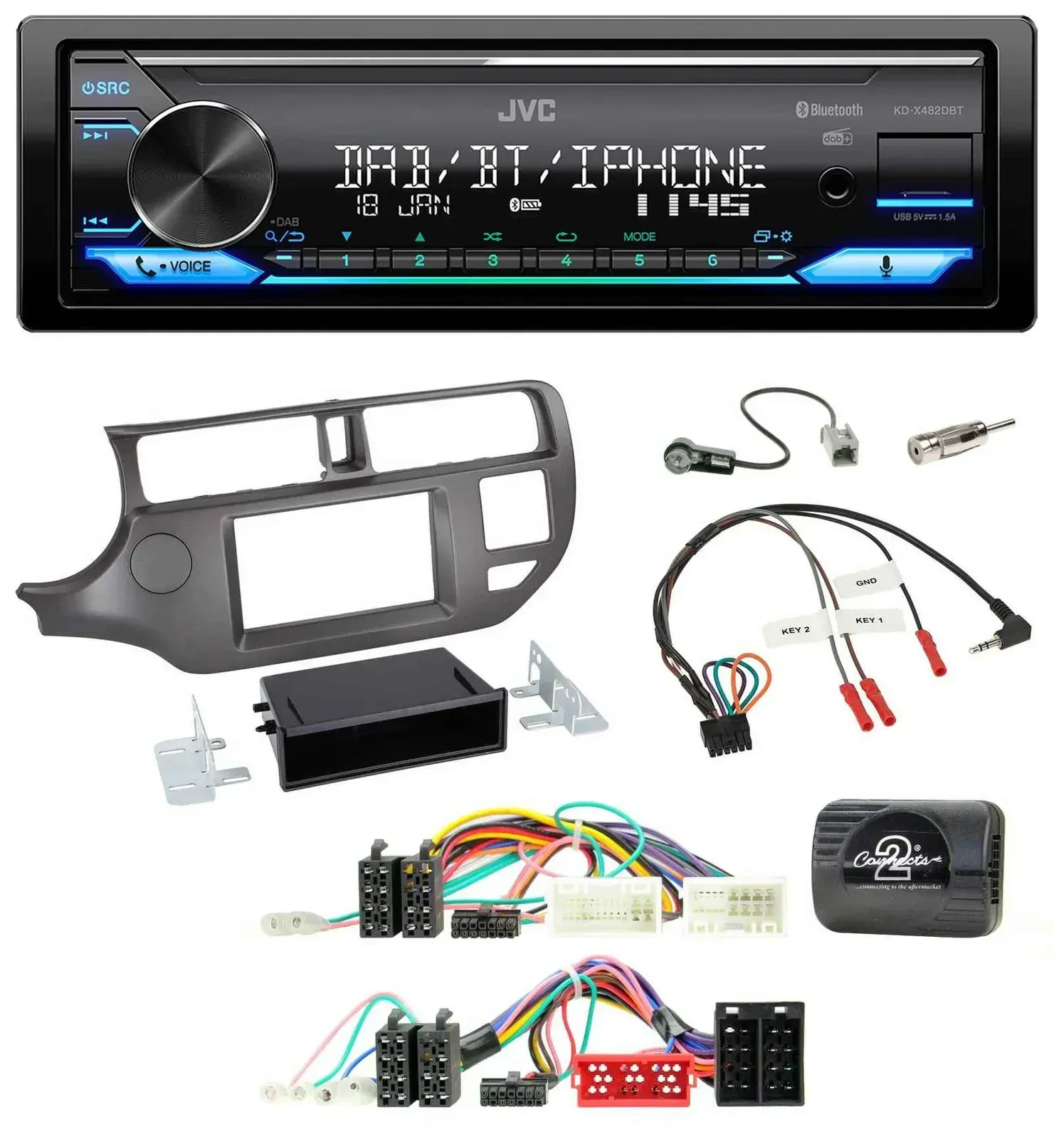 Автомагнитола JVC Bluetooth, DAB, USB, для Kia Rio UB (2011–2015), антрацит