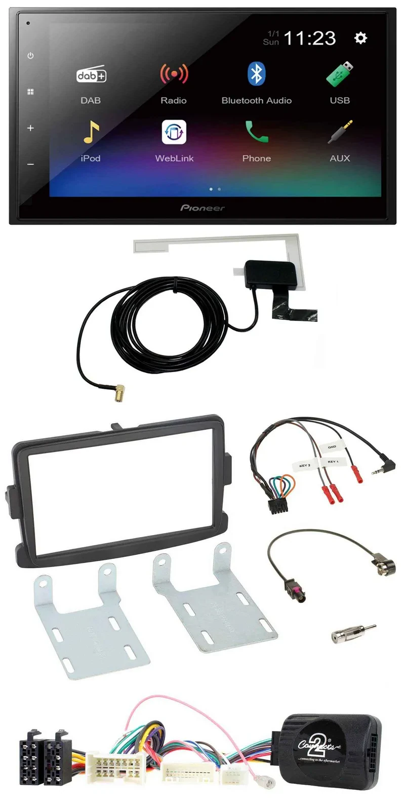 Автомагнитола Pioneer 2DIN DAB Bluetooth USB для Dacia Sandero с 2013, черный, с управлением на руле