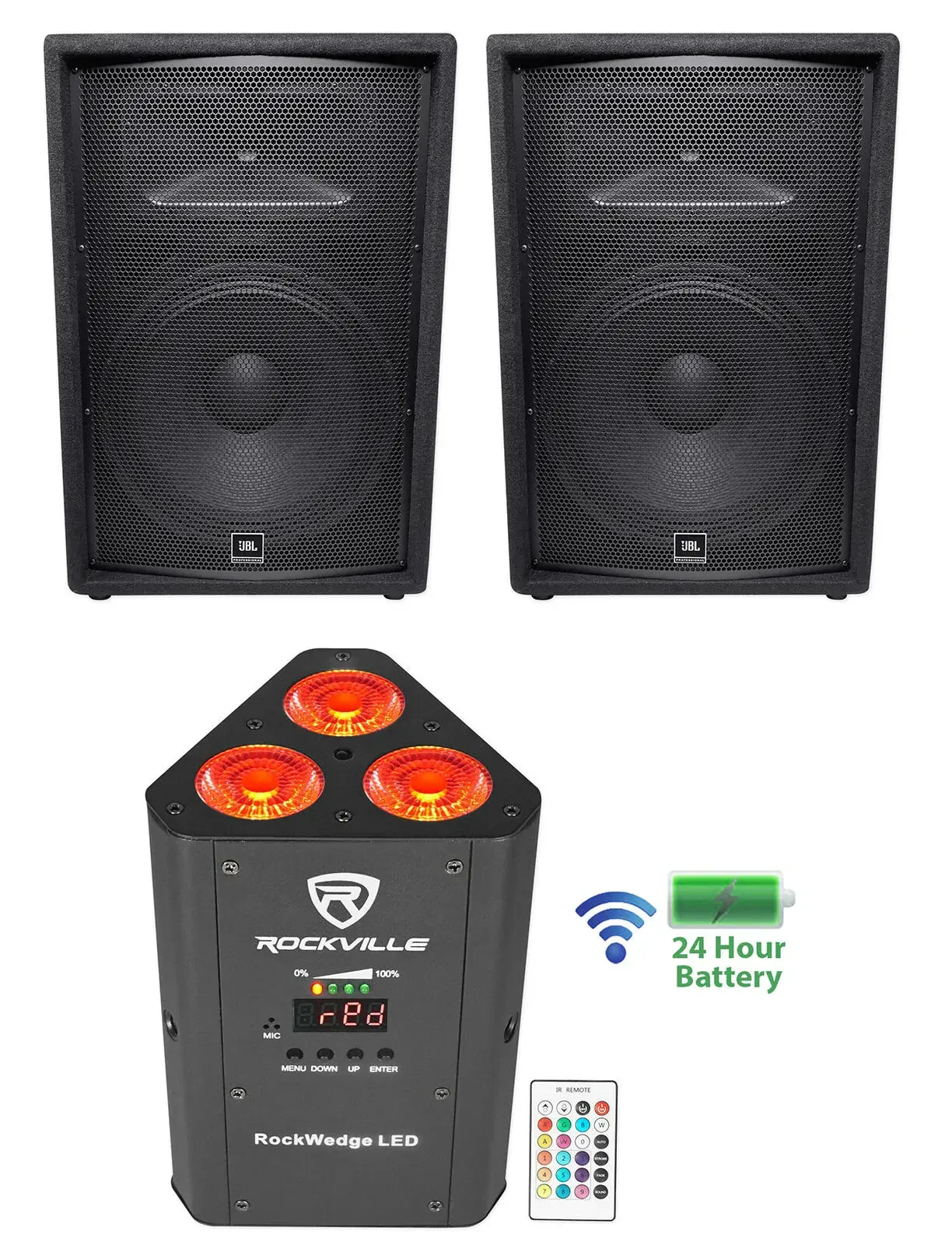 (2) JBL Pro JRX215 1000 Watt 15" Inch DJ P/A Speakers+Wireless DMX Par Light