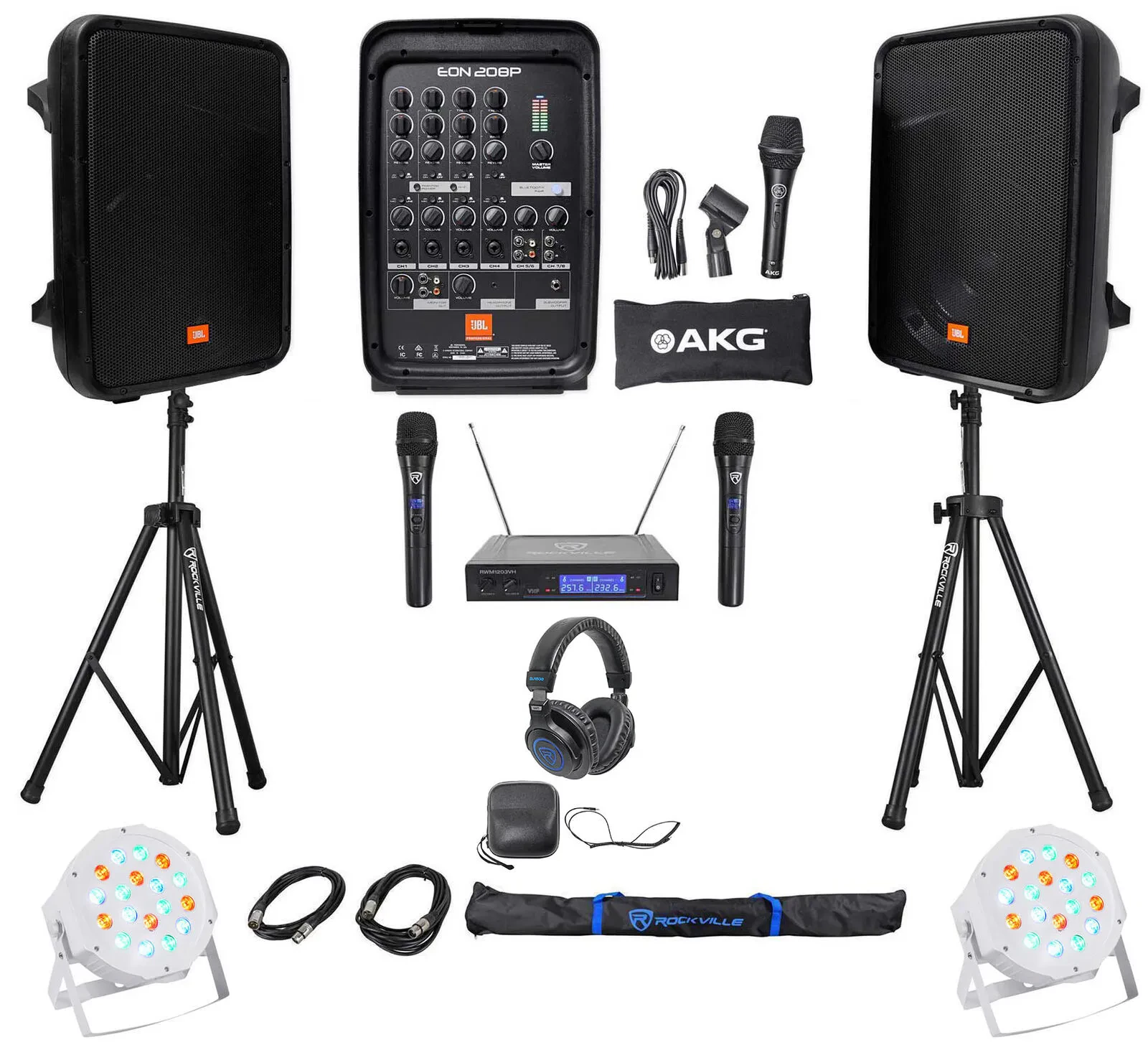 JBL EON208P 8" Powered Bluetooth Speakes+Mixer+Stands+Wireless Mics+Headphones