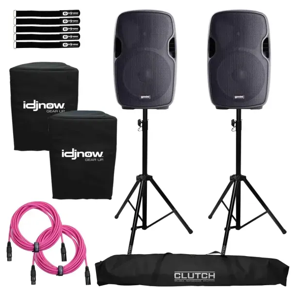 Gemini AS-1200P 12" Powered Active DJ PA Speakers w Stands & Pink XLR Cables