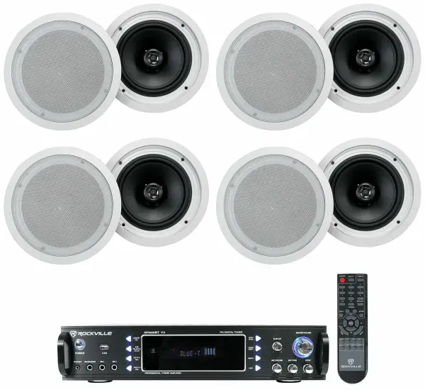 Rockville 1000 Watt Amplifier+(8) 8" White Ceiling Speakers For Restaurant/Bar