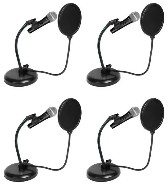 4) Rockville Microphones+Gooseneck Stands+Pop Filters 4 Recording,Studio,Podcast