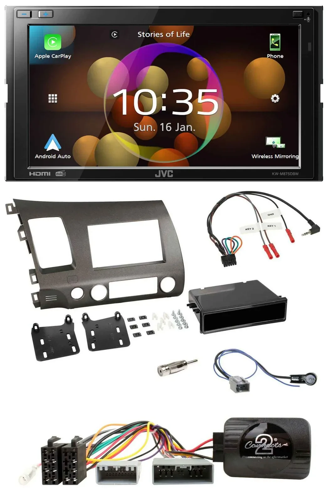 JVC DAB Lenkrad 2DIN Bluetooth USB Autoradio für Honda Civic 06-10 Hybrid anthra