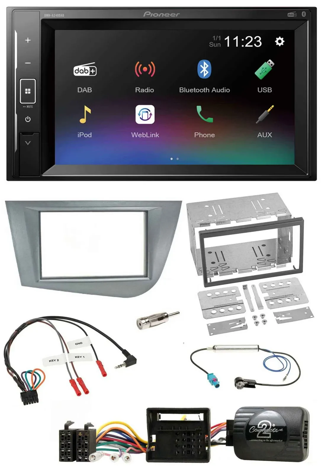 Автомагнитола для Seat Leon (2005–2012) Pioneer 2DIN, DAB, Bluetooth, USB, серебристая