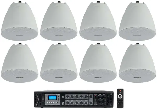 Rockville RCS180-6 Commercial 70v Amp+(8) White 4" Pendant Speakers For Bar/Cafe