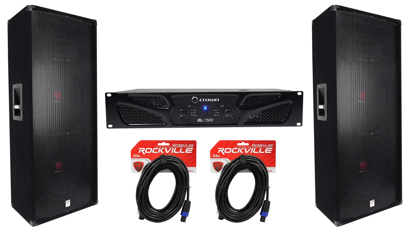 Crown Pro XLi1500 900w 2 Ch DJ/PA Power Amplifier+Dual 15” 3-Way 8-Ohm Speakers