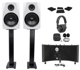 2) Rockville DPM8W 8" 600w Active Studio Monitors+Stands+Headphones+Mic+Shield