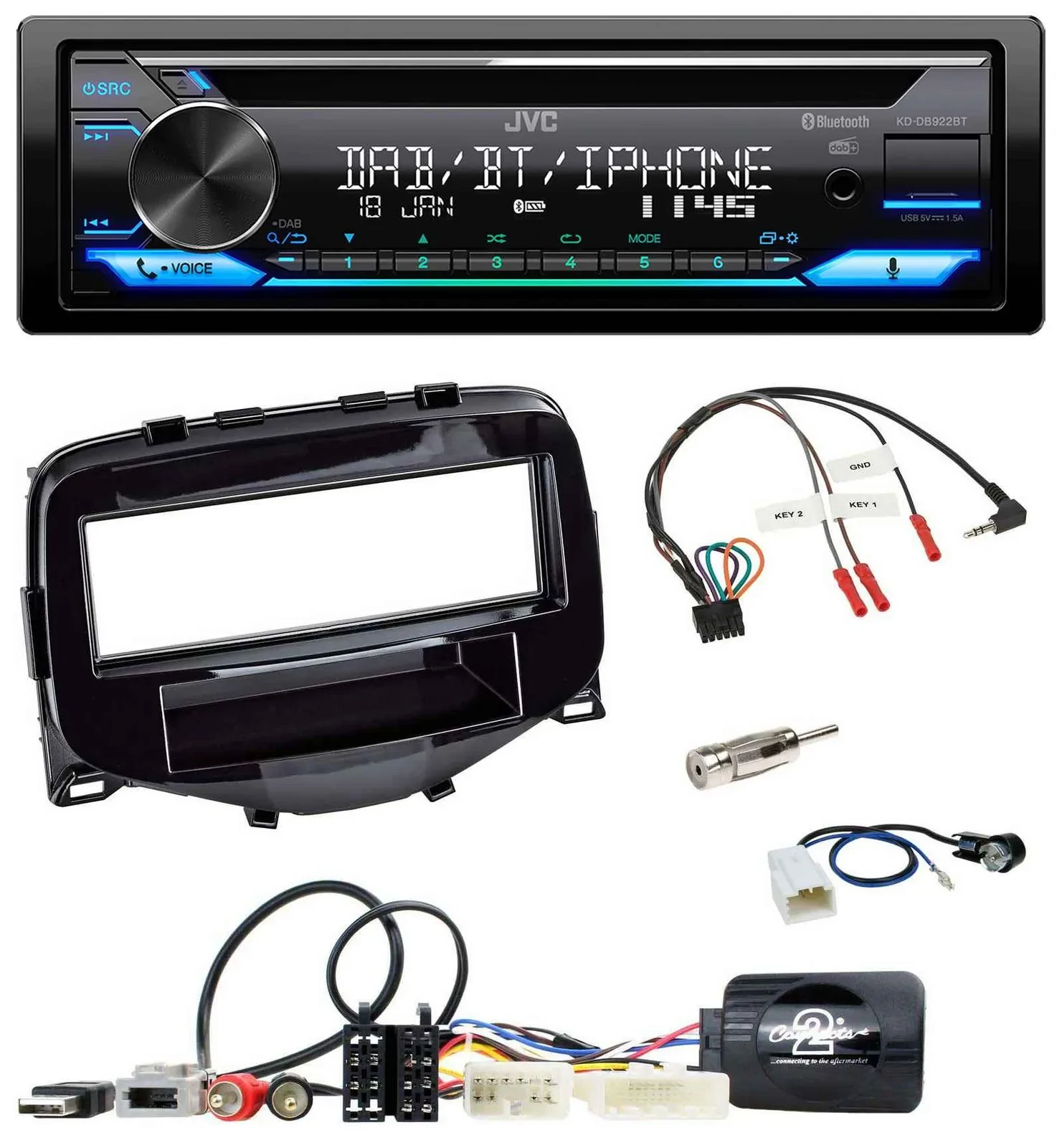 Автомагнитола JVC Bluetooth USB DAB CD для Toyota Aygo 2014–2021 с поддержкой управления с руля