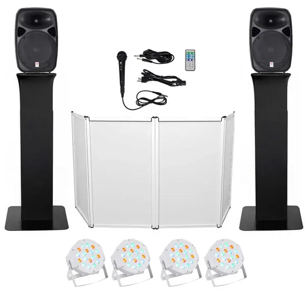 DJ Package w/Dual 15" Bluetooth Speakers+Mic+Tripod+Totem Stands+Facade+Lights