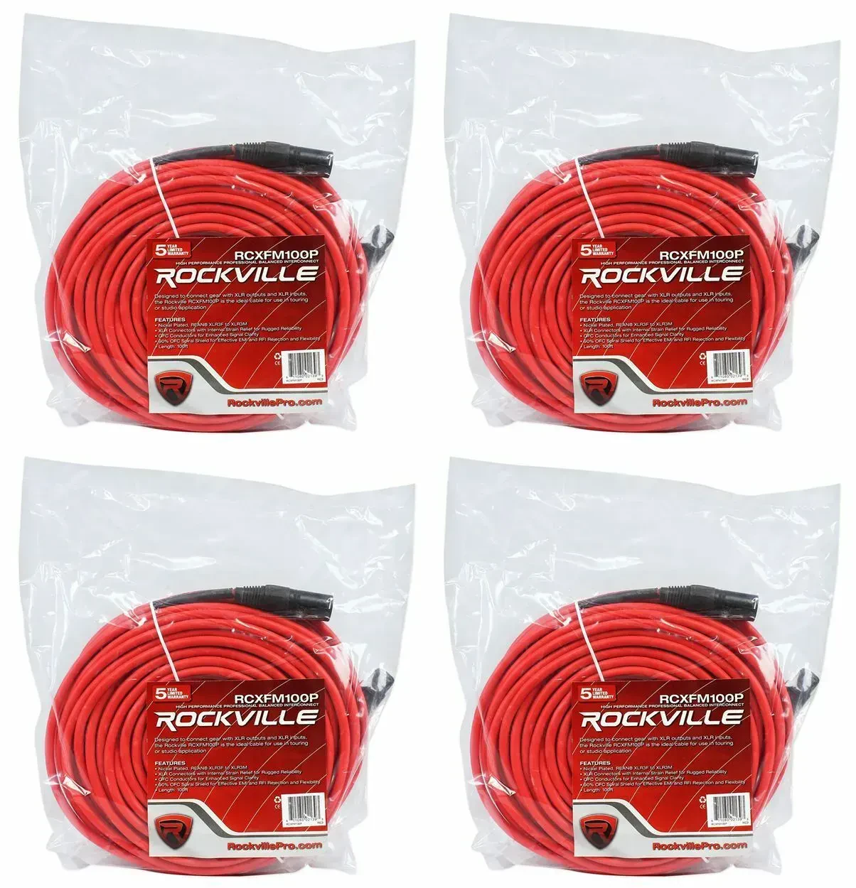 Микрофонный кабель Rockville RCXFM100P-R Red 30.5 м (4 штуки)