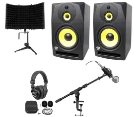 2) Rockville DPM10B 10" 800w Active Studio Monitors+Headphones+Mic+Shield+Stand