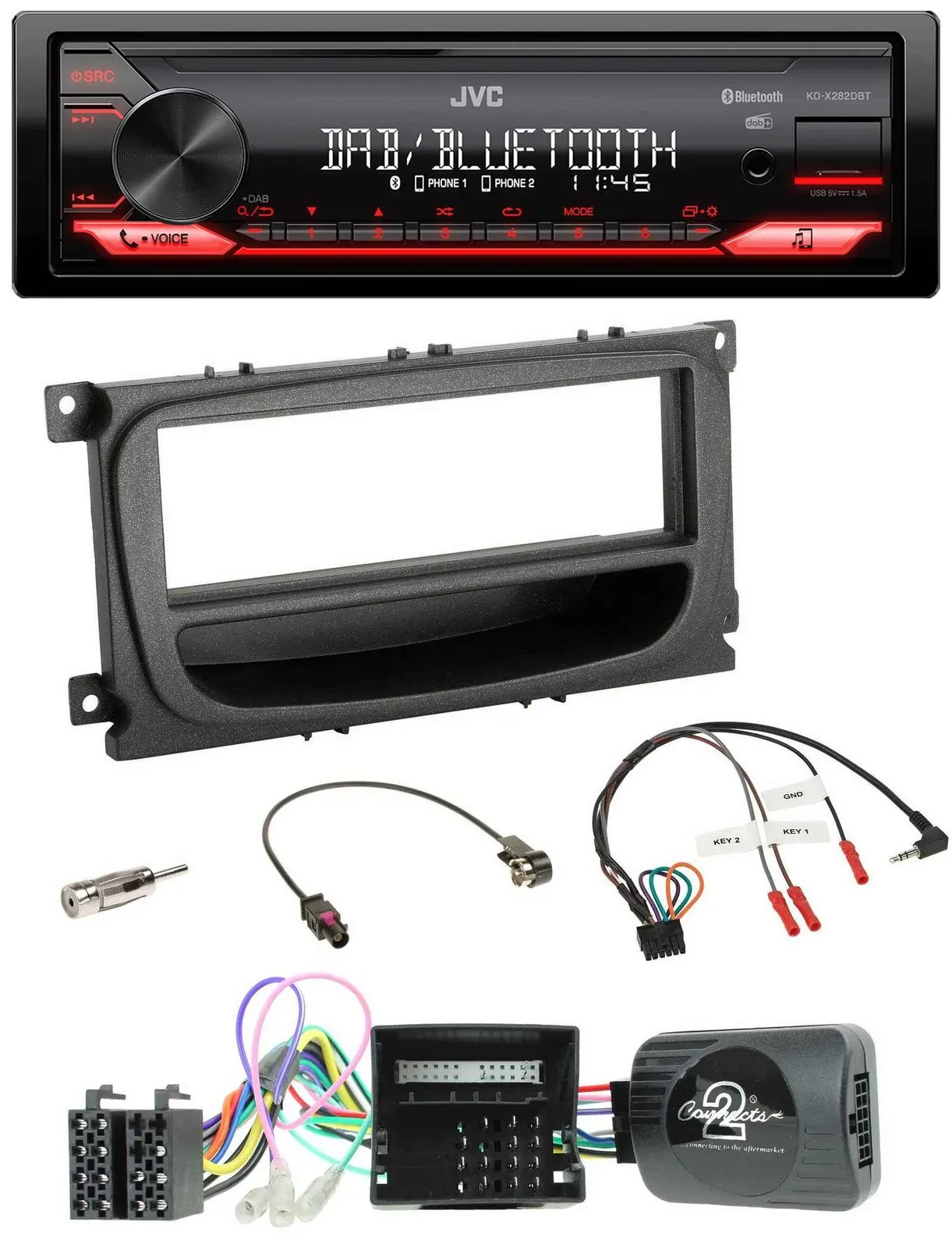 Автомагнитола для Ford JVC Bluetooth, USB, DAB, поддержка кнопок на руле (C‑Max/Focus/Galaxy 2007–2010, CAN)
