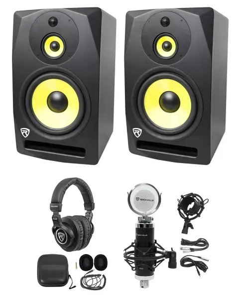 (2) Rockville DPM10B 10" 800w Powered 3-Way Studio Monitors+Headphones+Mic+Mount