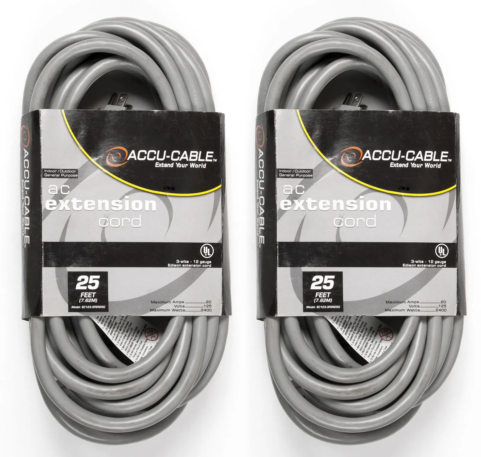 (2) American DJ EC123-3FER25 25' 12 Gauge 3-Outlet Edison Power Extension Cables