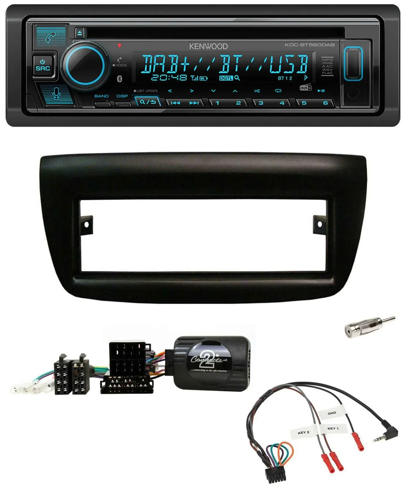 Автомагнитола для Fiat Doblo 2012–2015 Kenwood Bluetooth DAB CD USB, черный, поддержка кнопок на руле