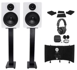 2 Rockville DPM5W 5.25" 300w Studio Monitors+36" Stands+Headphones+Mic+Shield