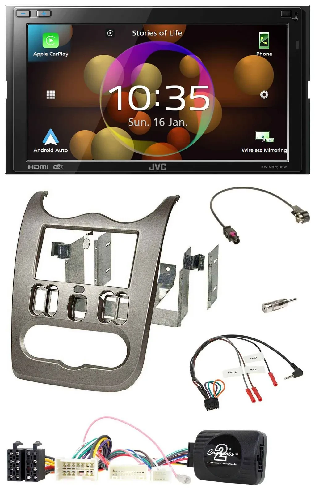 Автомагнитола JVC 2-DIN DAB Bluetooth USB для Dacia (с 2012), тёмно‑серебристая