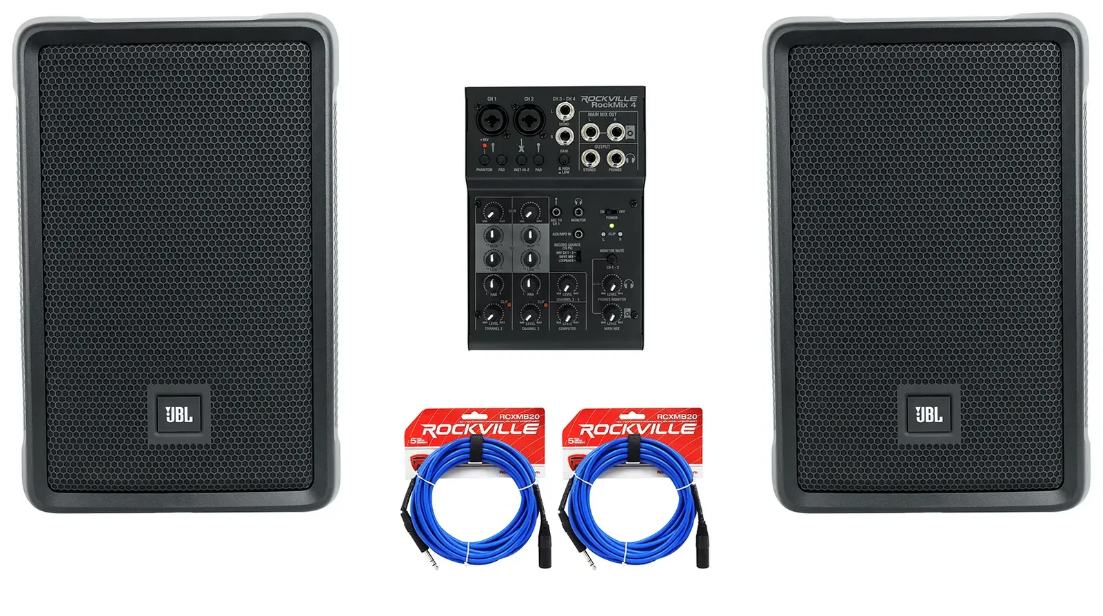 2) JBL IRX108BT 8" 1000w Powered DJ Portable PA Speakers w/ Bluetooth+Mixer w/EQ