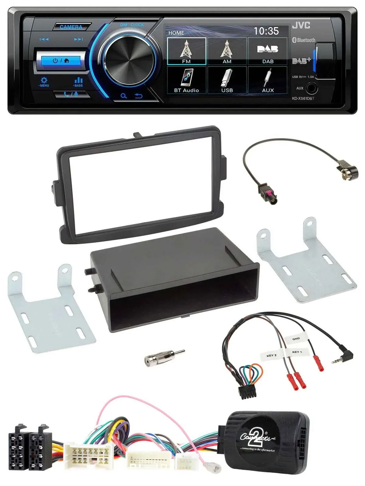 Автомагнитола для Dacia Dokker/Duster/Lodgy (с 2012 г.) JVC с Bluetooth, USB, DAB, чёрная, поддержка управления на руле