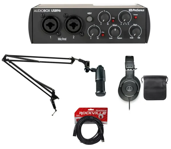 Audiobox+Audio Technica Podcast Bundle+Interface+Mic+Headphones+Microphone Stand