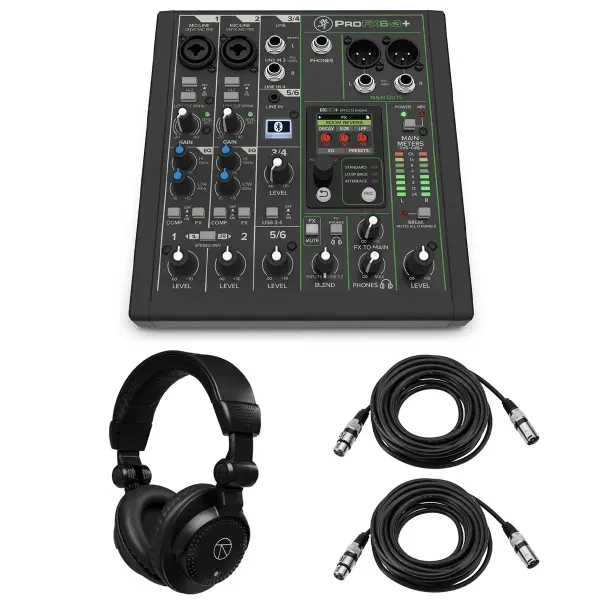 Mackie ProFX6v3+ 6-Channel Bluetooth Analog Mixer, w/Headphones  2x XLR Cable