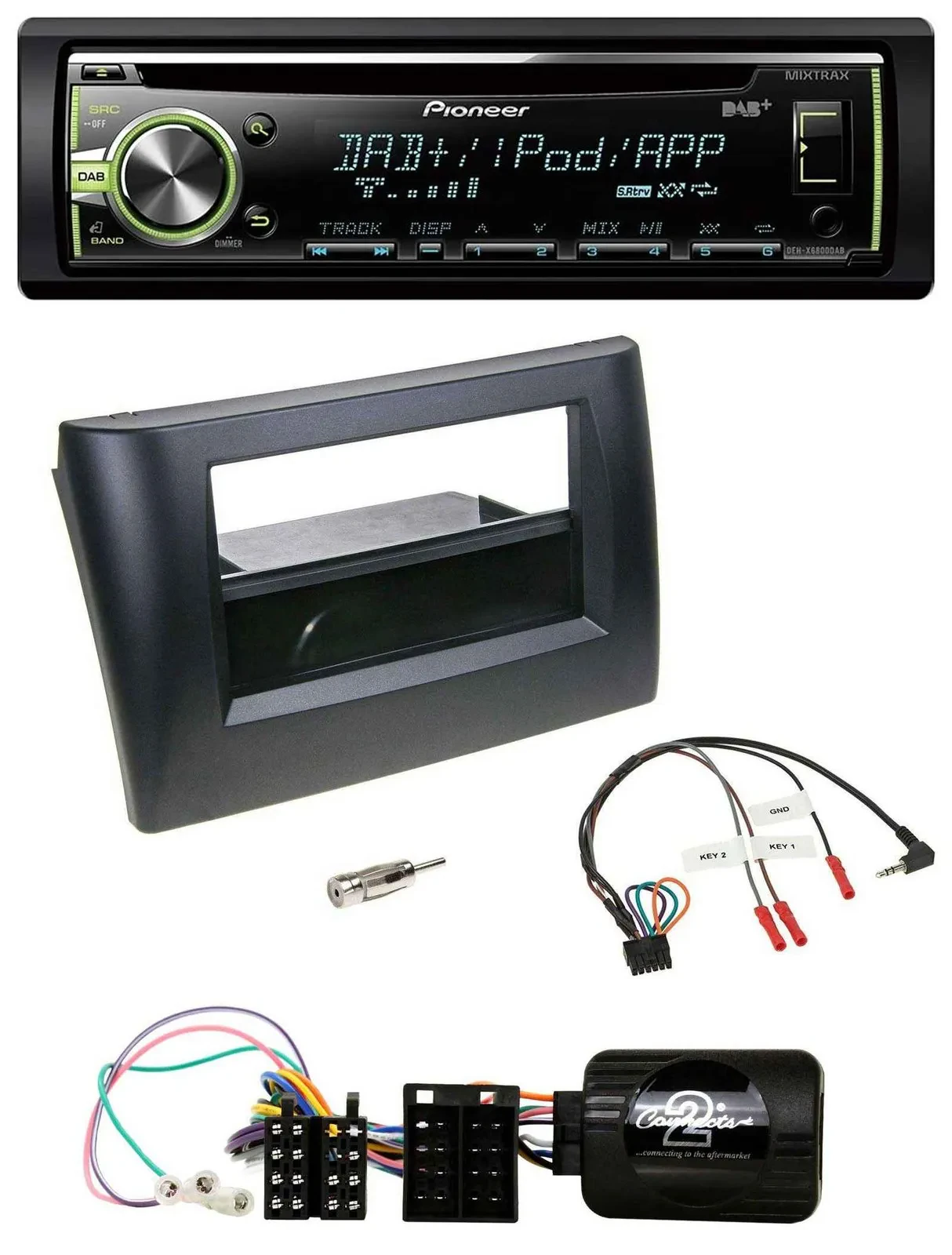 Автомагнитола для Fiat Stilo 2001–2007 Pioneer CD, DAB, USB, MP3, совместима с кнопками на руле, черный, с нишей