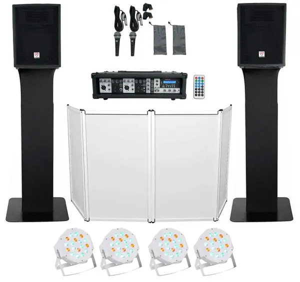 DJ Package w/10" Speakers+Bluetooth Mixer+Mics+Tripod+Totem Stands+Facade+Lights