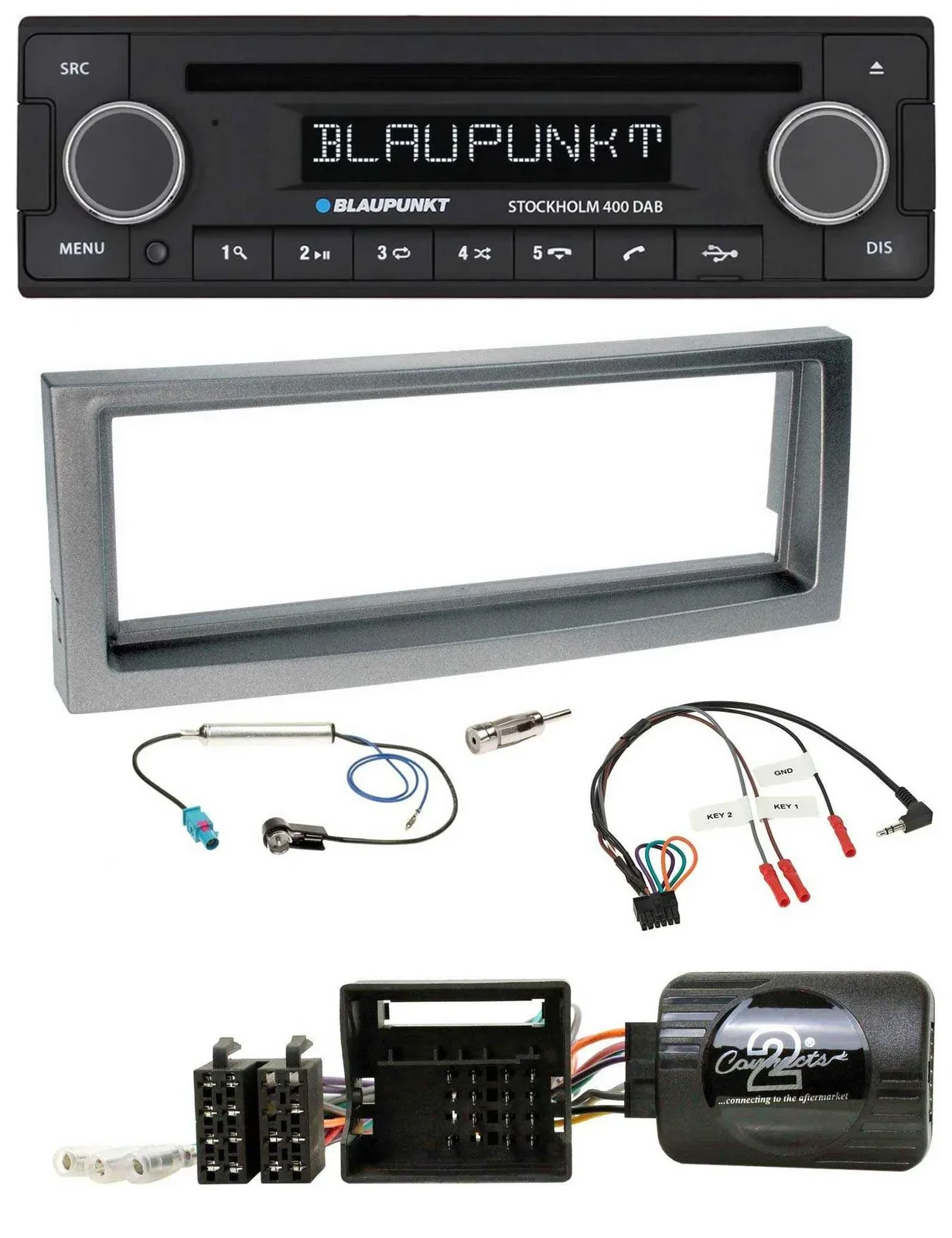 Автомагнитола для Citroën C5 (с 2005) Blaupunkt Bluetooth, DAB, CD, USB, с поддержкой кнопок на руле, серый металлик