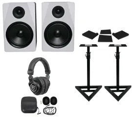 Pair Rockville APM8W 8" 500W Powered Studio Monitors+Stands+Pads+Headphones