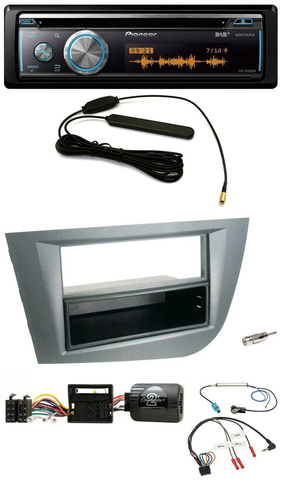 Автомагнитола Pioneer CD, USB, Bluetooth, DAB для Seat Leon 2005–2010, темно-серая, поддержка кнопок на руле