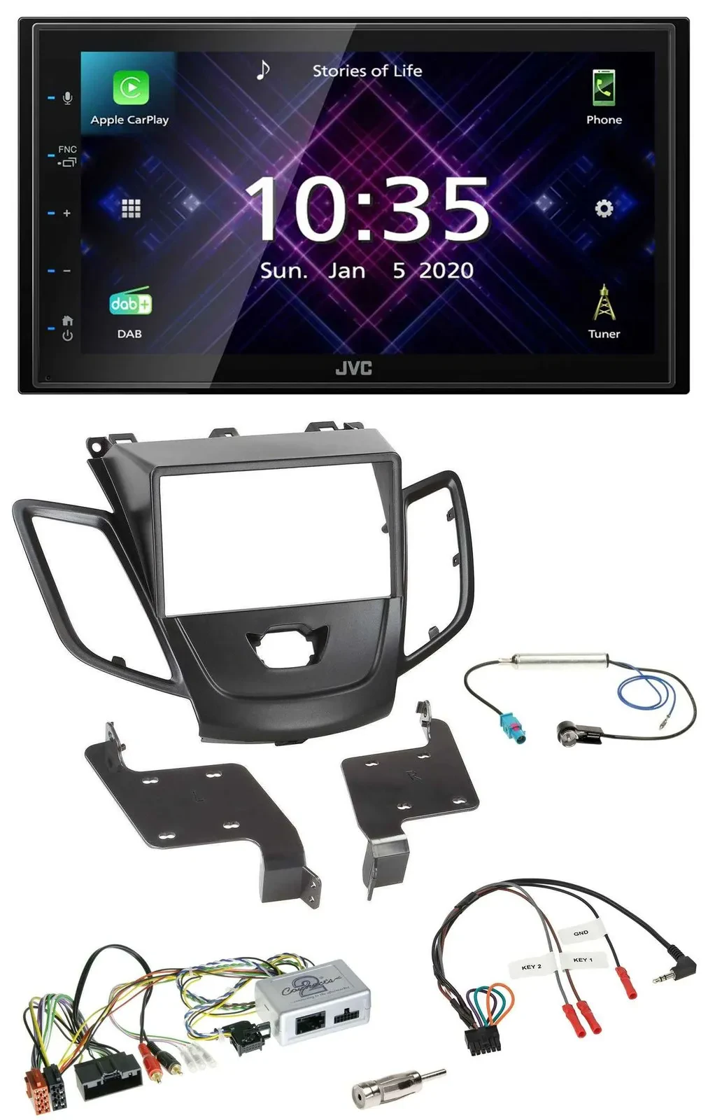 JVC DAB 2DIN Lenkrad Bluetooth USB Autoradio für Ford Fiesta 10-17 schwarz