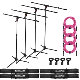 Pro Audio DJ Microphone Boom Stands w Pink XLR Cables, Clips & Bags 4 Pack