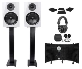 2) Rockville DPM6W 6.5" 420w Active Studio Monitors+Stands+Headphones+Mic+Shield