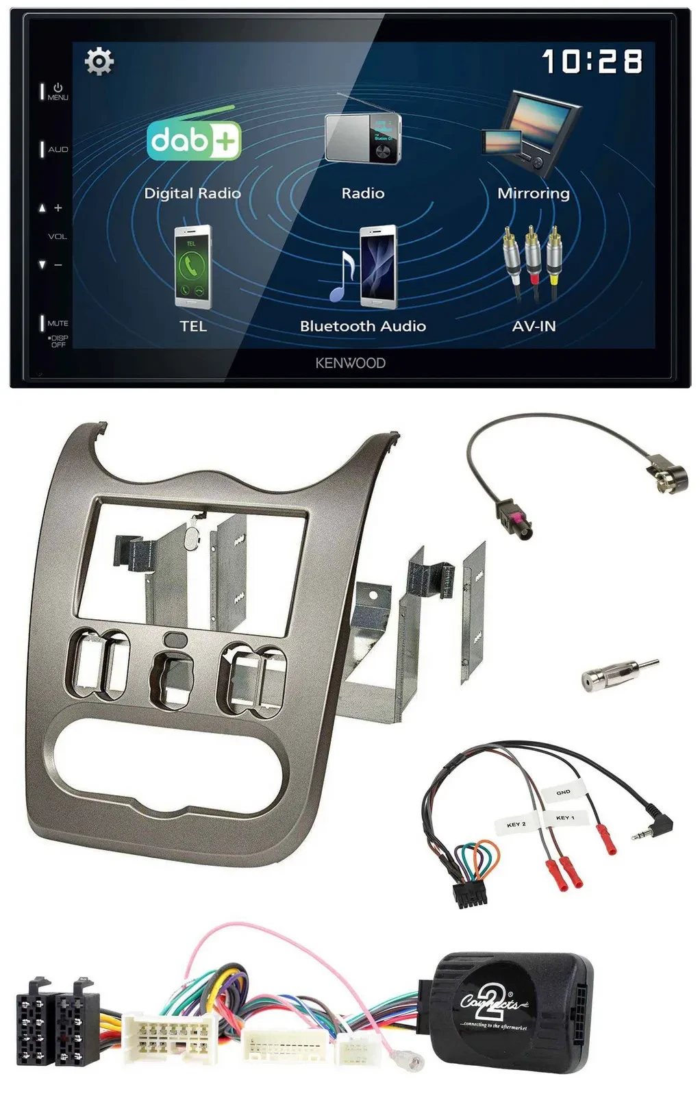 Автомагнитола Kenwood 2DIN Bluetooth USB DAB для Dacia (с 2012), темно-серебристая