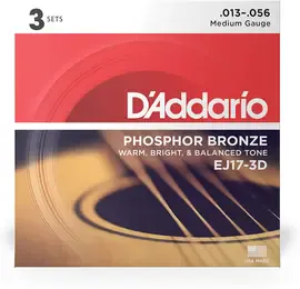 Струны для акустической гитары D'Addario EJ17-3D 13-56, бронза фосфорная, 3 комплекта