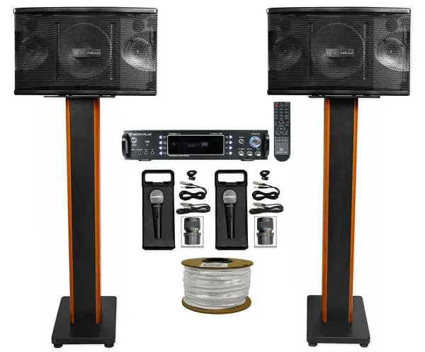 Pair Rockville KPS80 800w Karaoke/Pro Speakers+Bluetooth Amp+36" Stands+(2) Mics