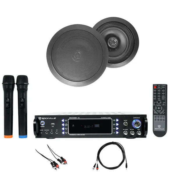 Rockville RPA70WBT Bluetooth Karaoke Amp/Mixer+2) 8" Black Ceiling Speakers+Mics