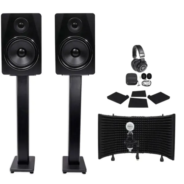 (2) Rockville APM8B 8" 500w Studio Monitors+Stands+Pads+Headphones+Mic+Shield